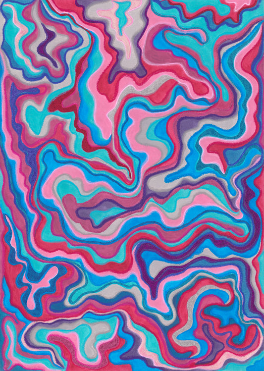 Abstract wavy pattern artwork with swirling bands of pink, blue, cyan, purple, and light gray filling the frame.