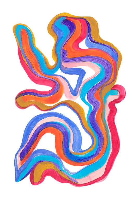 Abstract fluid art print featuring layered, wavy brushstrokes in vibrant shades of blue, pink, orange, purple, and gold on a solid white background.