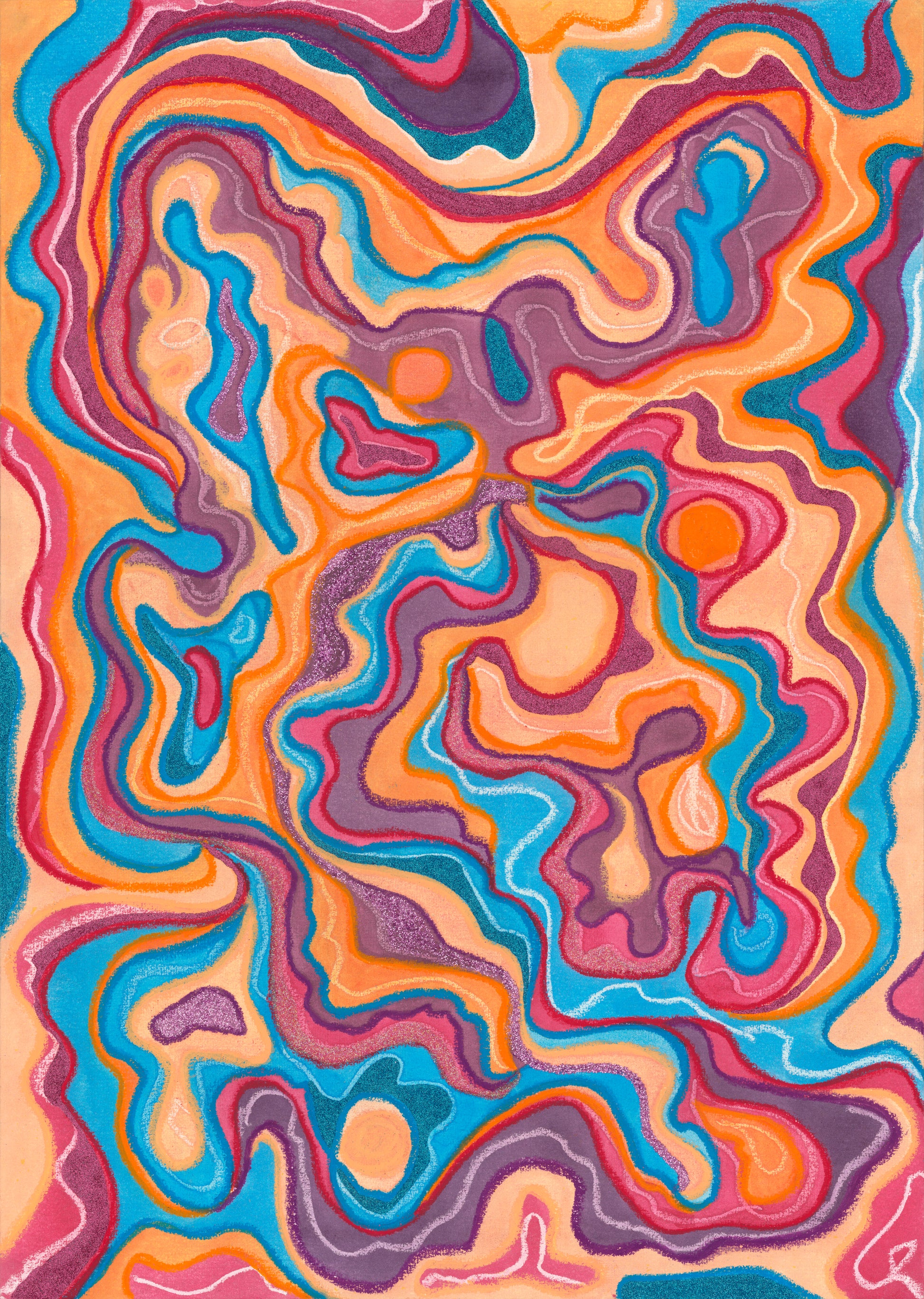Vibrant abstract artwork featuring swirling, fluid-like patterns in bright orange, pink, purple, blue, and yellow tones.