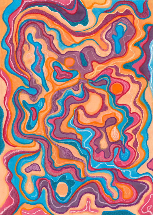 Vibrant abstract artwork featuring swirling, fluid-like patterns in bright orange, pink, purple, blue, and yellow tones.