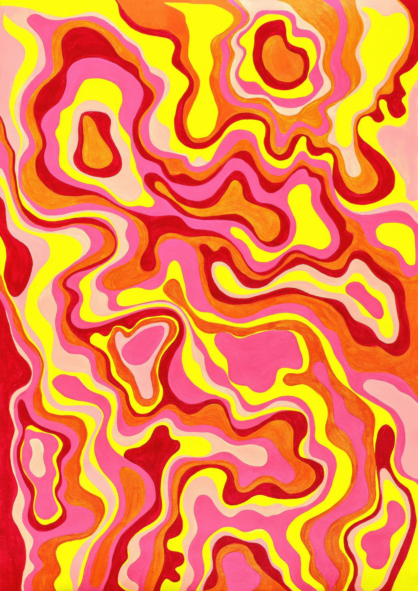 Abstract wavy pattern artwork in bright yellow, pink, red, orange, and cream with layered contour-like lines filling the frame.