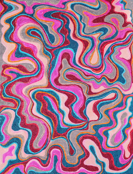 A vibrant abstract artwork featuring swirling, wavy patterns in pink, teal blue, red, orange, and silver glitter, filling the entire frame.