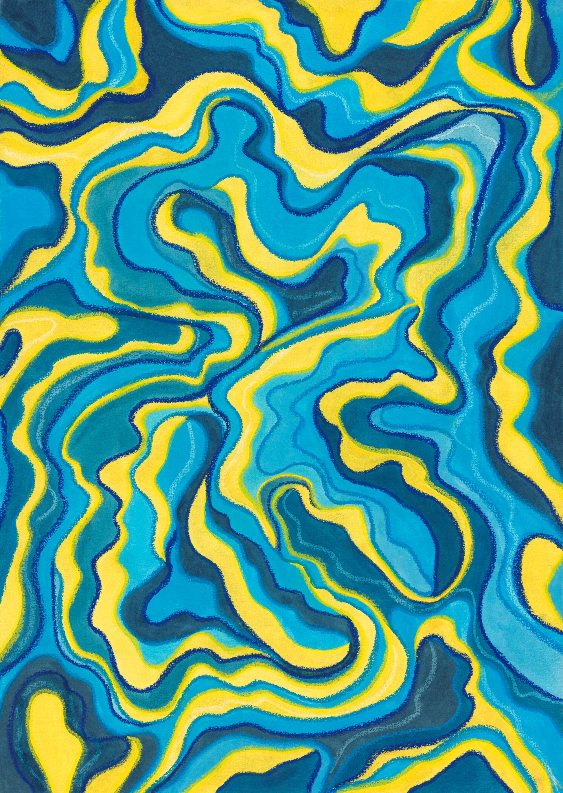 Abstract wavy pattern artwork in bright blue, teal, and yellow with layered marbled lines filling the frame.