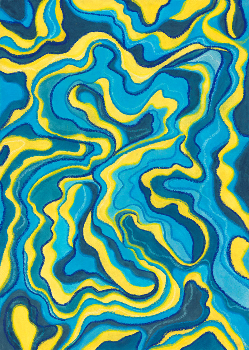 Abstract wavy pattern artwork in bright blue, teal, and yellow with layered marbled lines filling the frame.